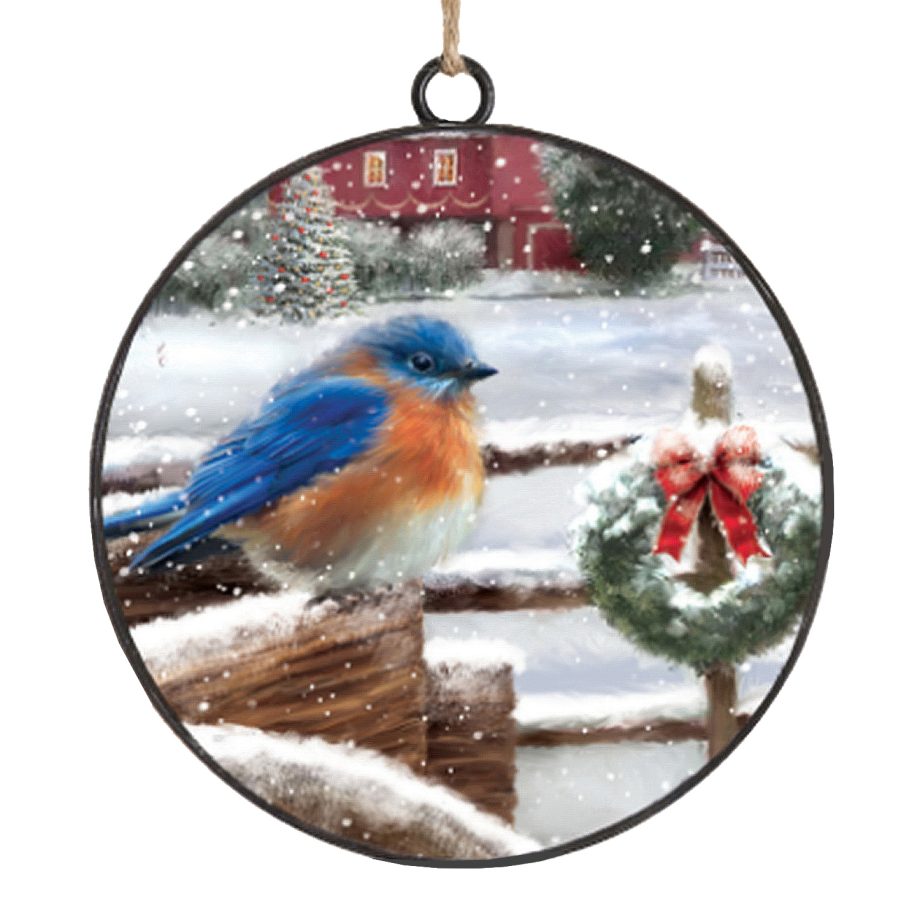 ORN METAL DISC 4" BLUE ROBIN ON FENCE W/WREATH