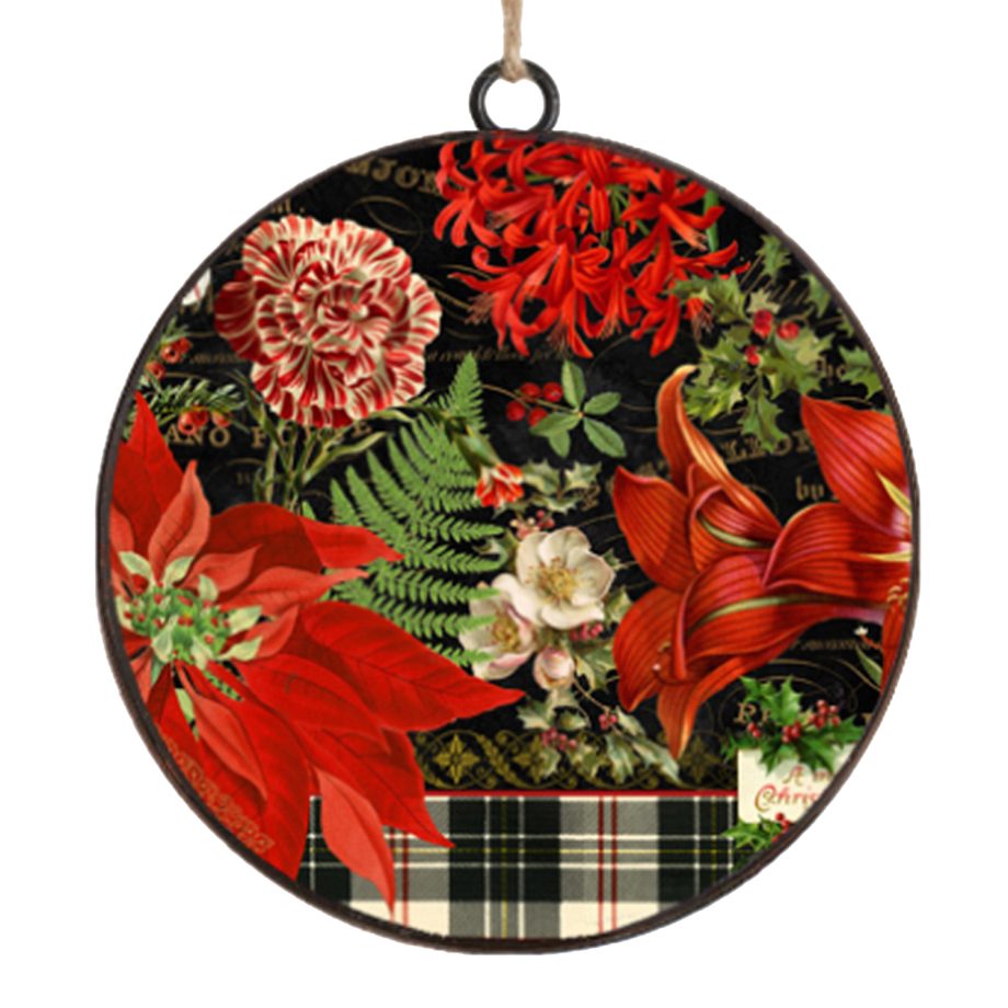 ORN METAL DISC 4" RED /BLACK CHRISTMAS FLORAL