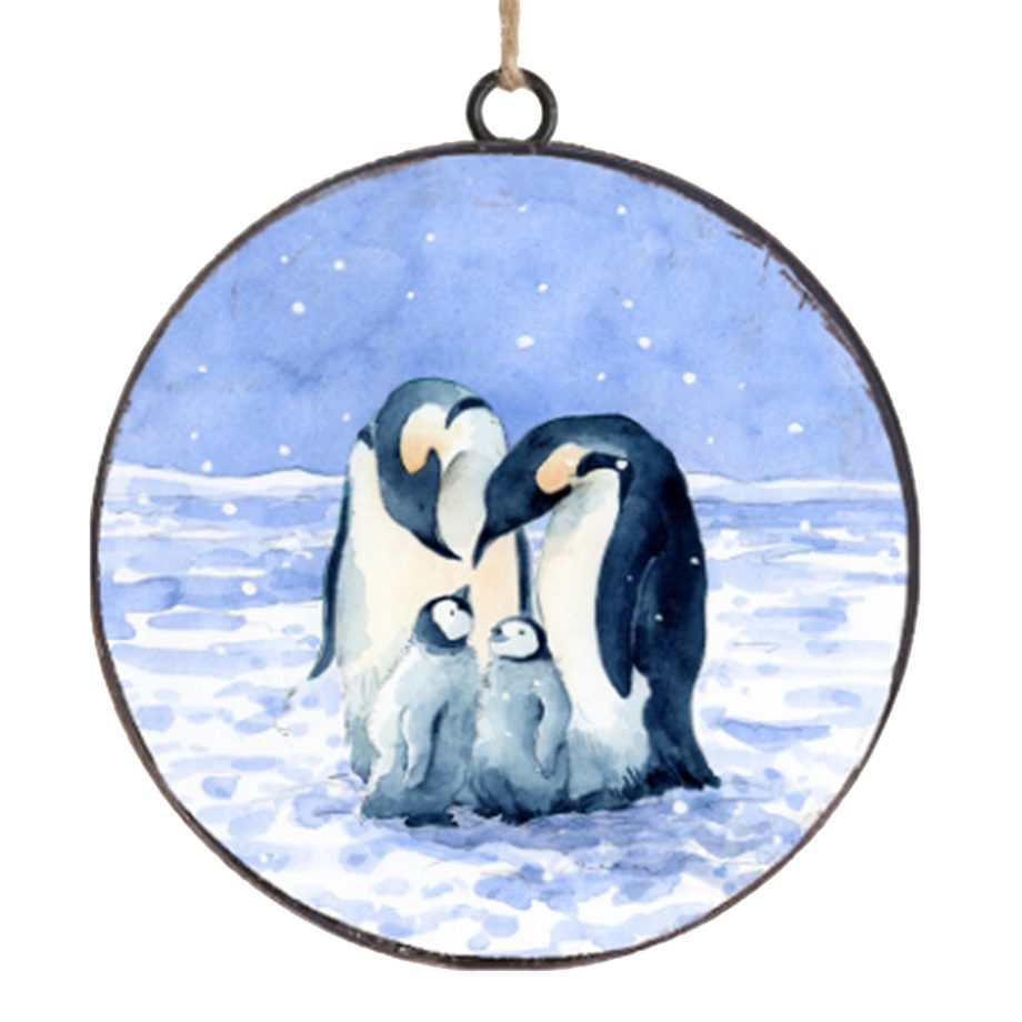 ORN METAL DISC 4" BLUE /BLACK PENGUIN FAMILY