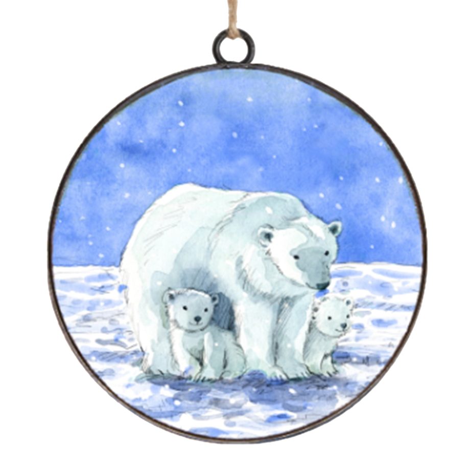 ORN METAL DISC 4" BLUE WHITE POLAR BEAR