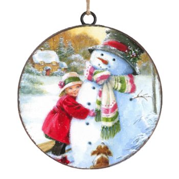 ORN METAL DISC 4" GIRL HUGGING SNOWMAN