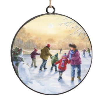 ORN METAL DISC 4" SKATING ON LAKE SCENE