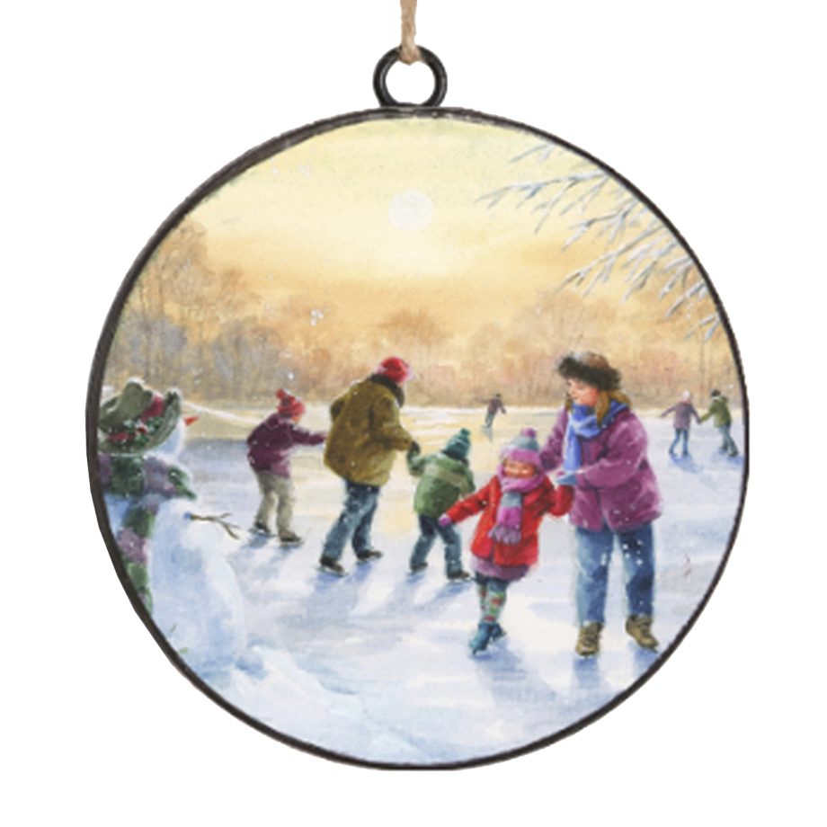 ORN METAL DISC 4" SKATING ON LAKE SCENE