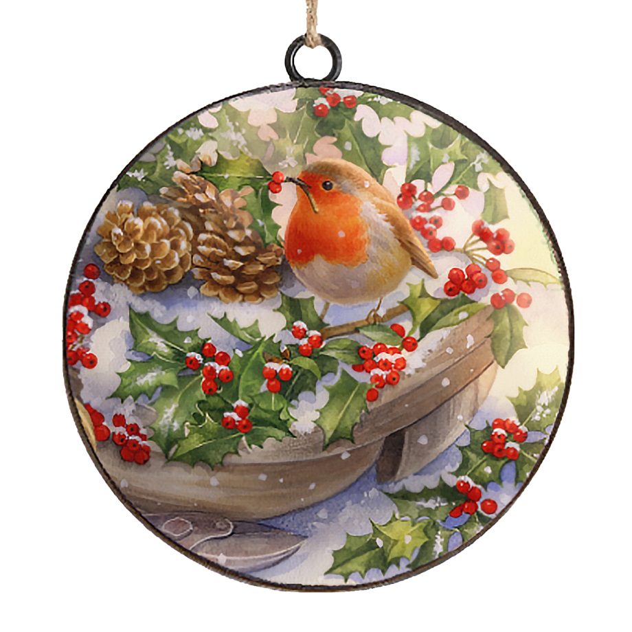ORN METAL DISC 4" ROBIN W/PINE CONES & BERRIES