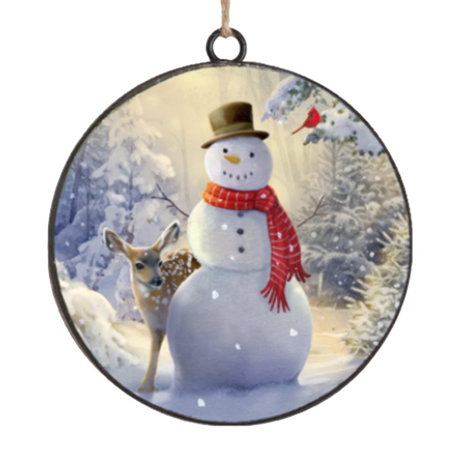 ORN METAL DISC 4" SNOWMAN W/DEER