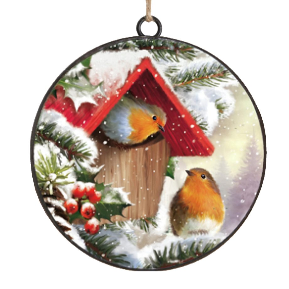 ORN METAL DISC 4" BIRH HOUSE W/ ROBIN