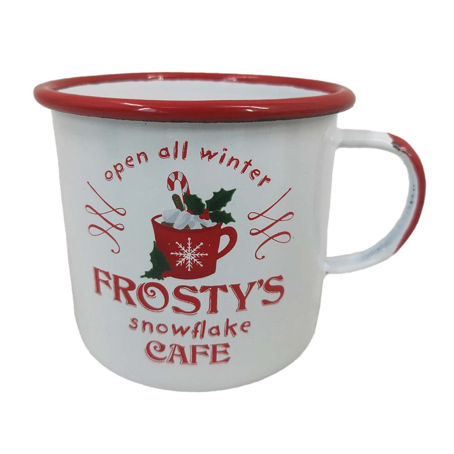 METAL ENAMEL MUG 4" W/ "FROSTY'S SNOWFLAKE CAFE"