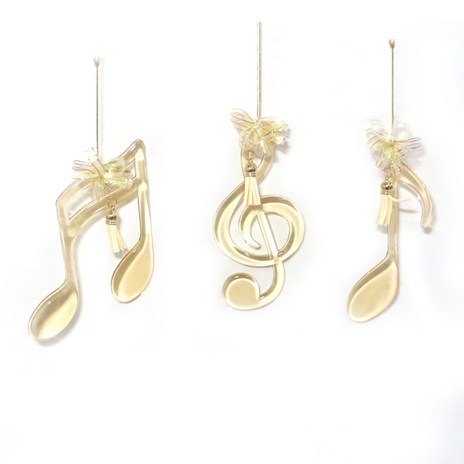 ORN CLEAR/GOLD MUSIC NOTES 6.5" W/ RIBBON BOW & IVORY TASSEL 3 ASSTD.