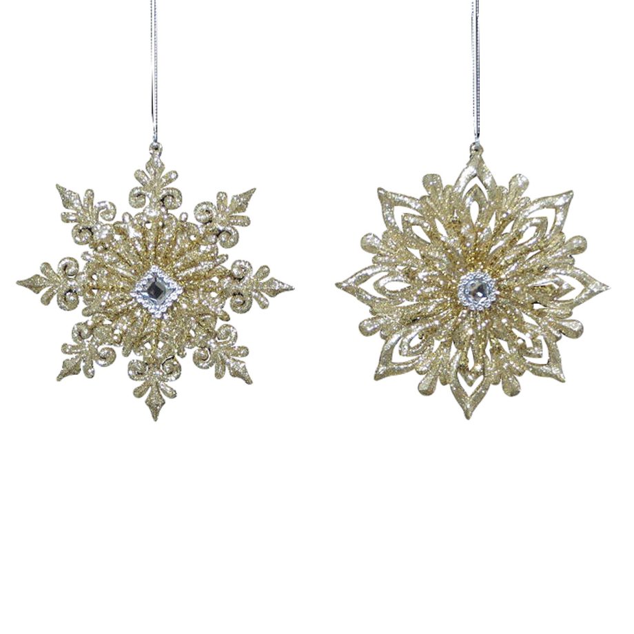 ORN CHAMPAGNE SNOWFLAKE 5" W/ GLITTER & JEWEL 2 ASST.