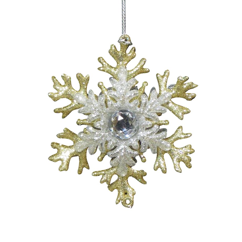 ORN GOLD/ SILVER SNOWFLAKE 3" W/ GOLD & SILVER GLITTER & JEWEL