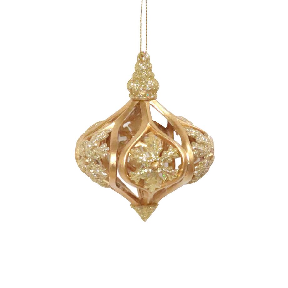 ORN GOLD ONION BALL W/SNOWFLAKE 4" MATTE GOLD W/ LT. GOLD GLITTER