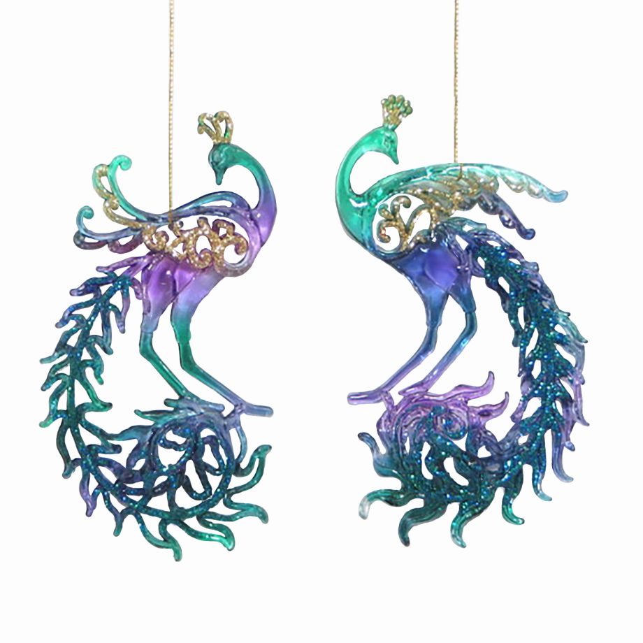 ORN PURPLE PEACOCK 5.5" CLEAR TURQ/PURPLE W/ GLITTER 2 ASST.