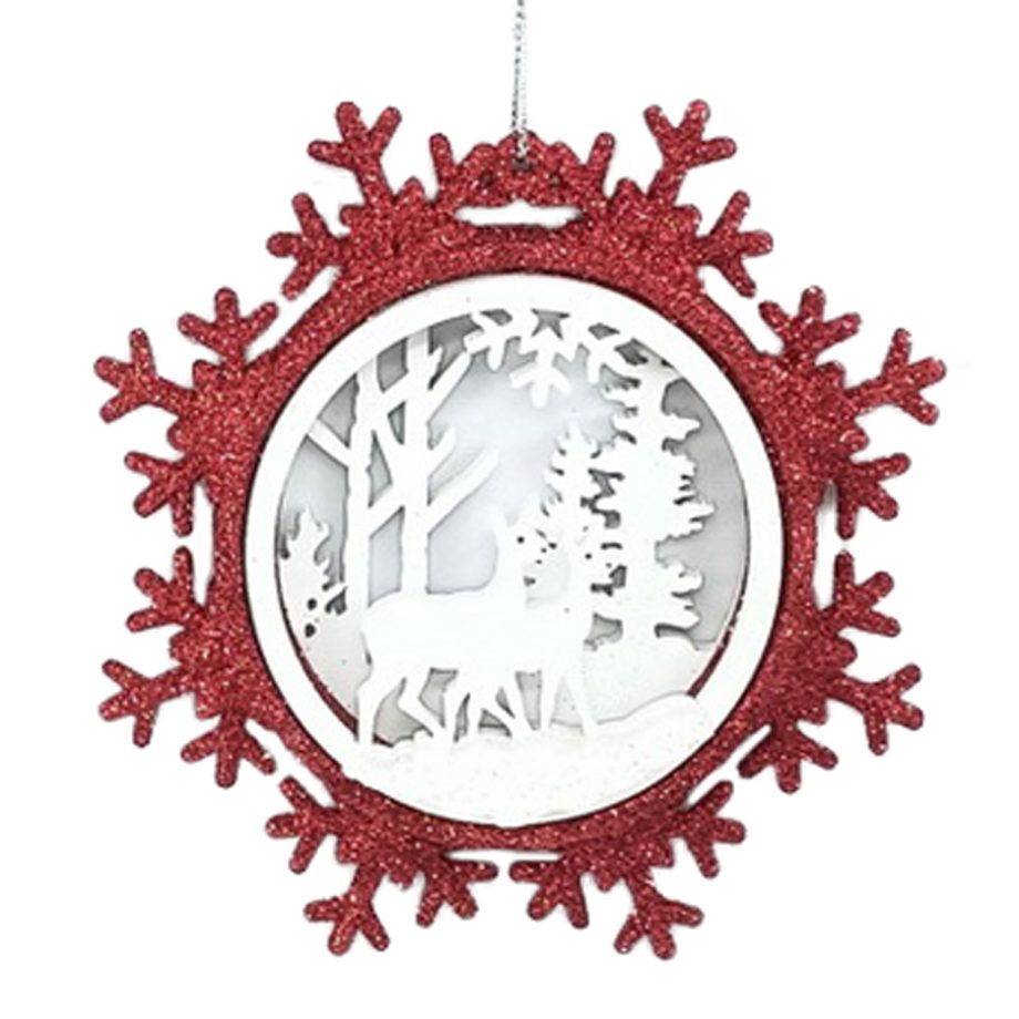 ORN WOODEN DEER IN SNOWFLAKE 5" RED/ WHITE