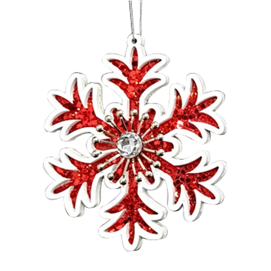 ORN WOODEN SNOWFLAKE 6" W/GEM RED/ WHITE