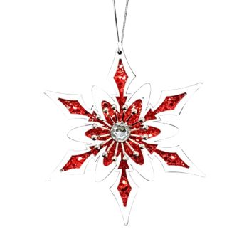 ORN WOODEN SNOWFLAKE WOODEN 6" W/GEM RED/WHITE