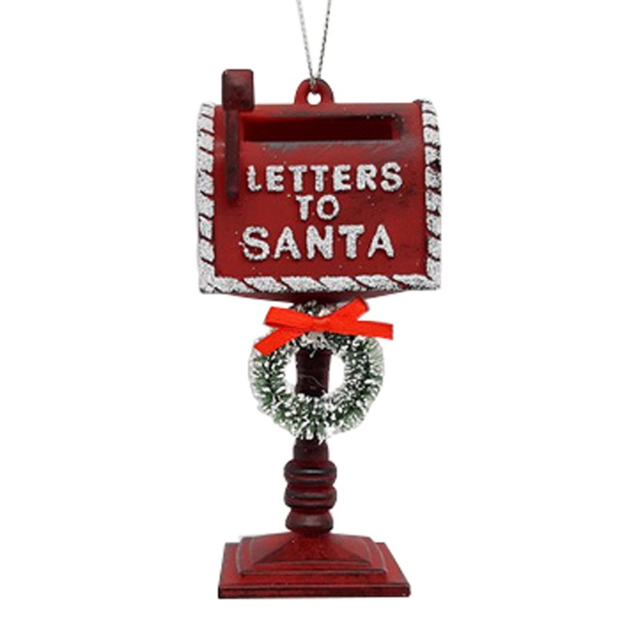 ORN RED MAILBOX LETTER TO SANTA 4.5" ANTIQUE RED W/ WREATH