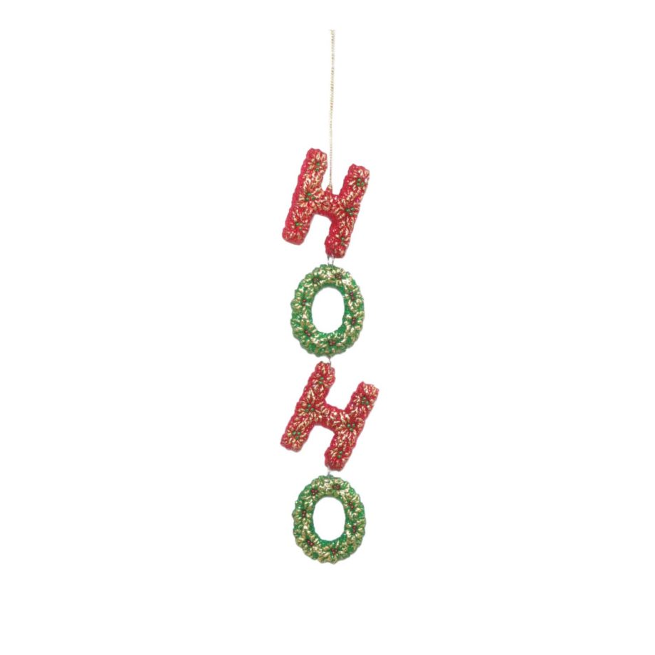 ORN RED/ GREEN "HO HO"  ON STRING 1"X7" W/ GLITTER