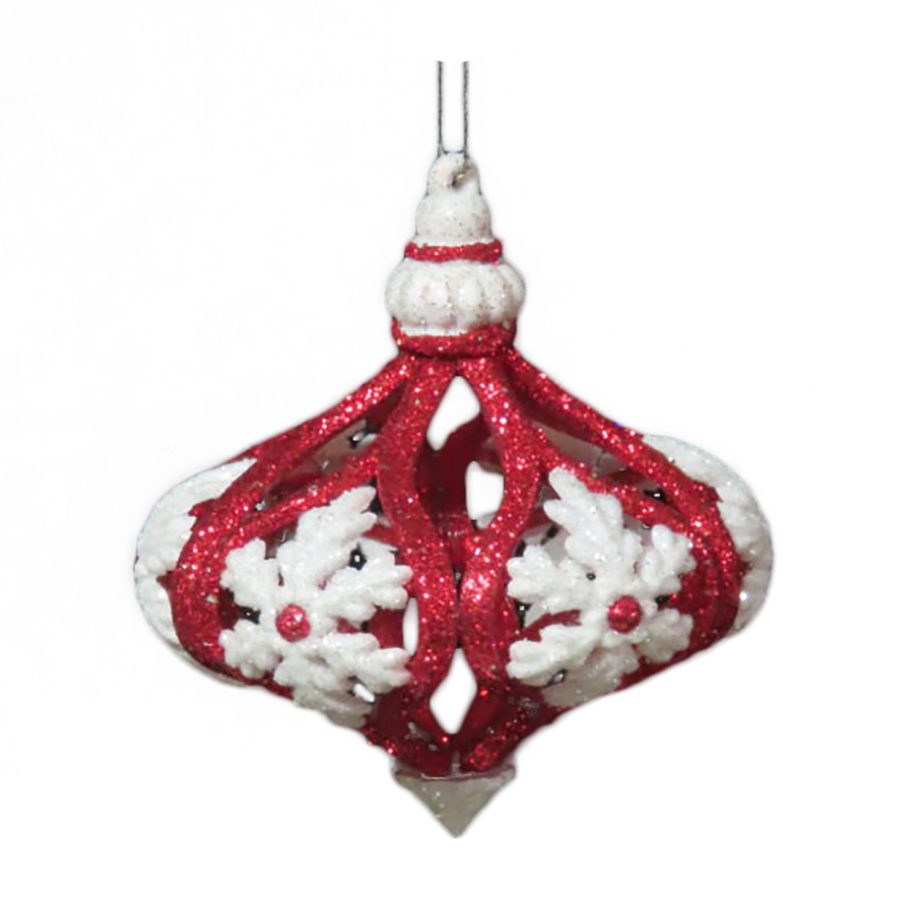 ORN RED / WHITE ONION BALL W/SNOWFLAKE 4" W/ GLITTER