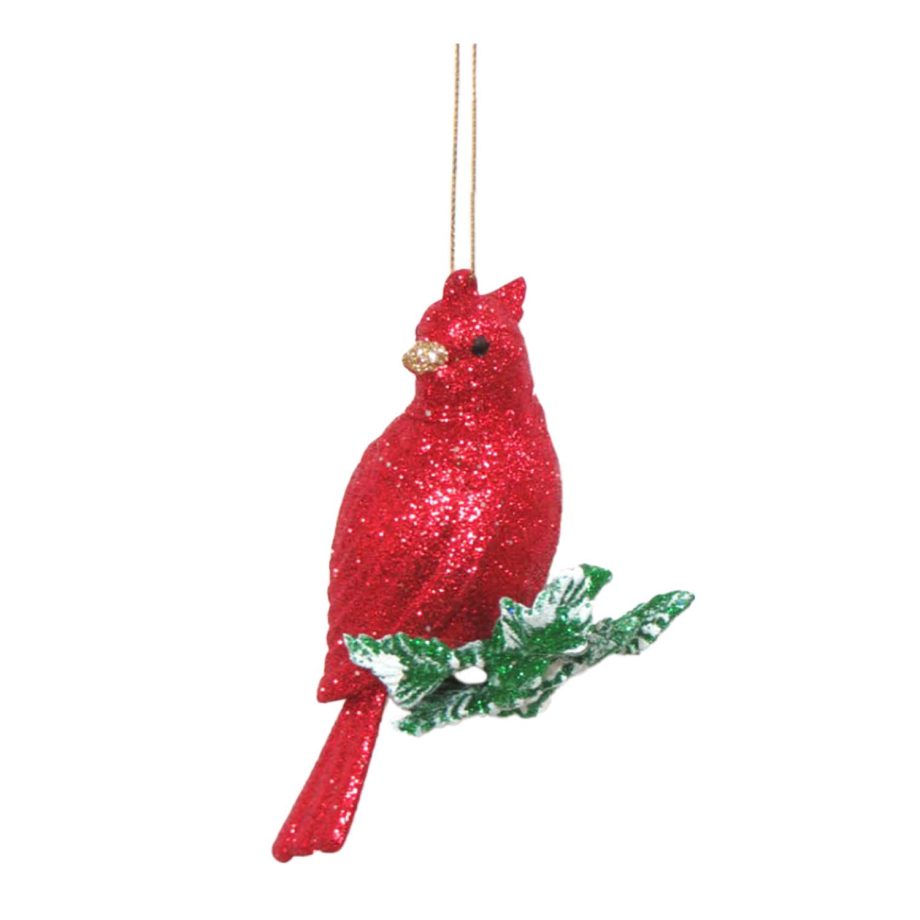 ORN RED CARDINAL 3" ON BRANCH W/ GLITTER