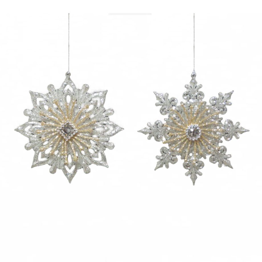 ORN CHAMPAGNE / SILVER SNOWFLAKE 5" w/ GLITTER & JEWEL 2 ASST.
