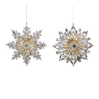 ORN SILVER / GOLD SNOWFLAKE 5" SHINY W/ GLITTER & JEWEL 2 ASST.