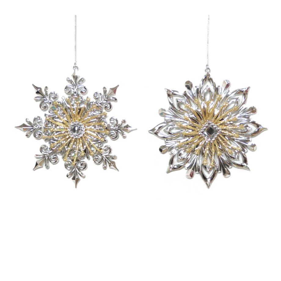 ORN SILVER / GOLD SNOWFLAKE 5" SHINY W/ GLITTER & JEWEL 2 ASST.