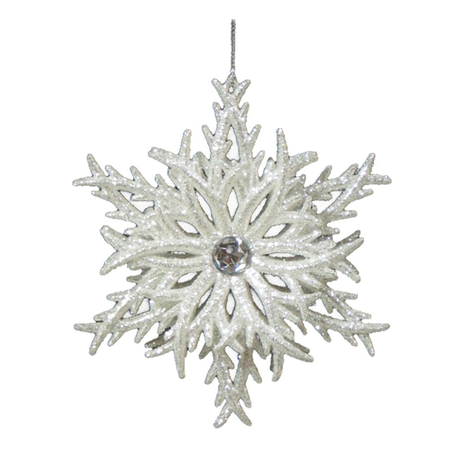 ORN SILVER LAYERED SNOWFLAKE 5" W/ BRIGHT GLITTER & JEWEL