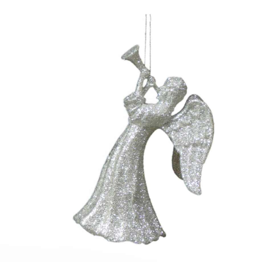 ORN SILVER ANGEL 5" W/HORN W/ BRIGHT SILVER GLITTER