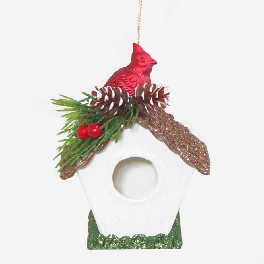 ORN RED CARDINAL ON WHITE BIRD HOUSE 4" W/ GLITTER