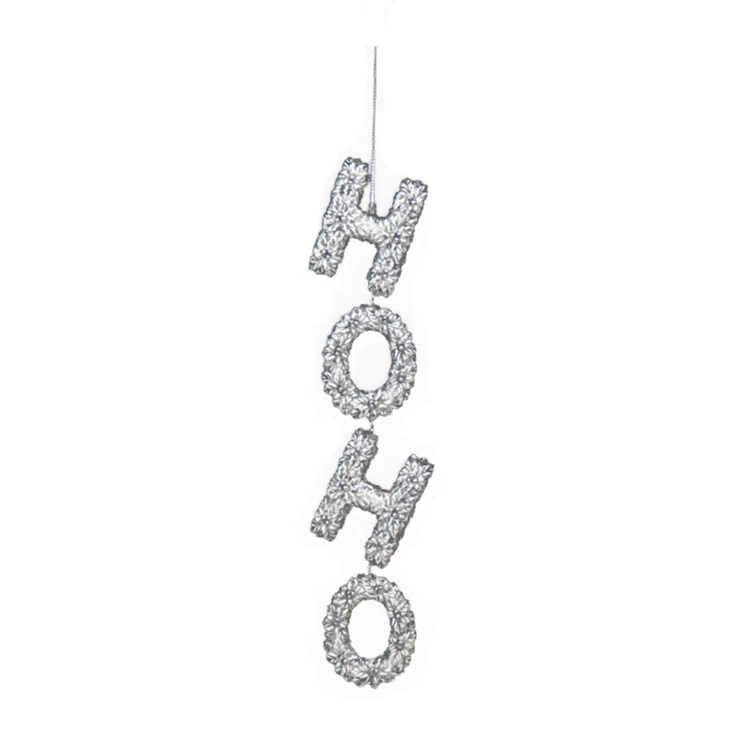ORN CLEAR "HO HO" STRING 7" W/ WHITE & SILVER GLITTER