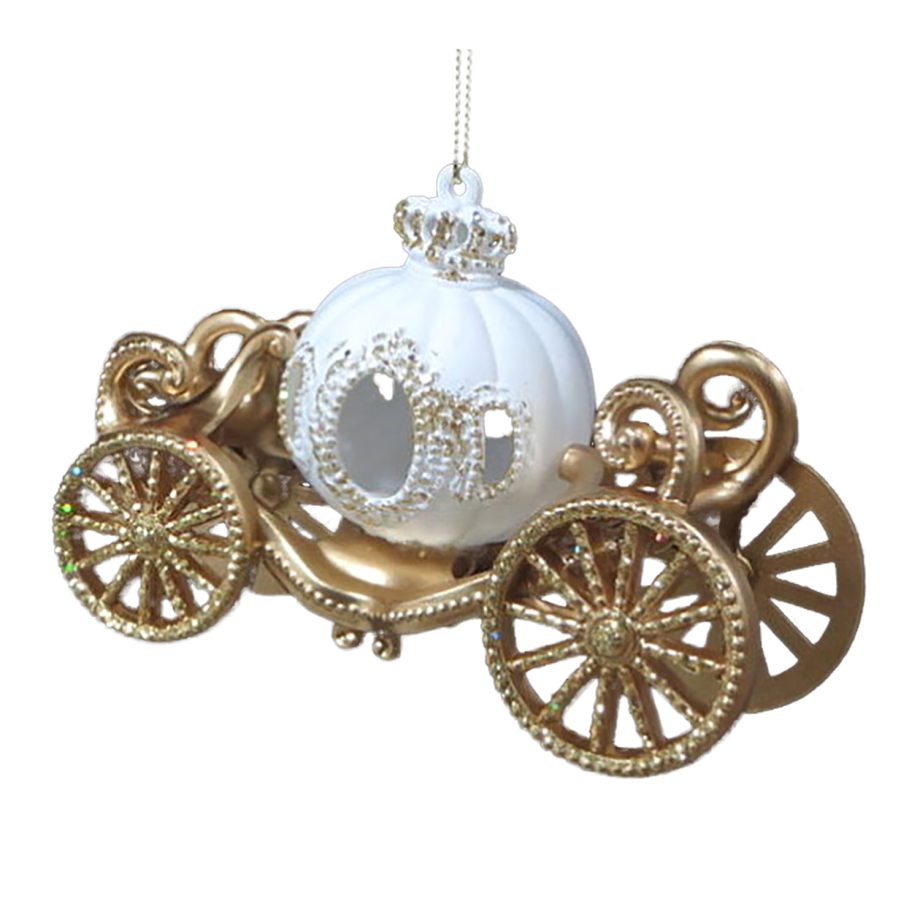 ORN WHITE/GOLD CARRIAGE 3-D 5" W/ GOLD GLITTER