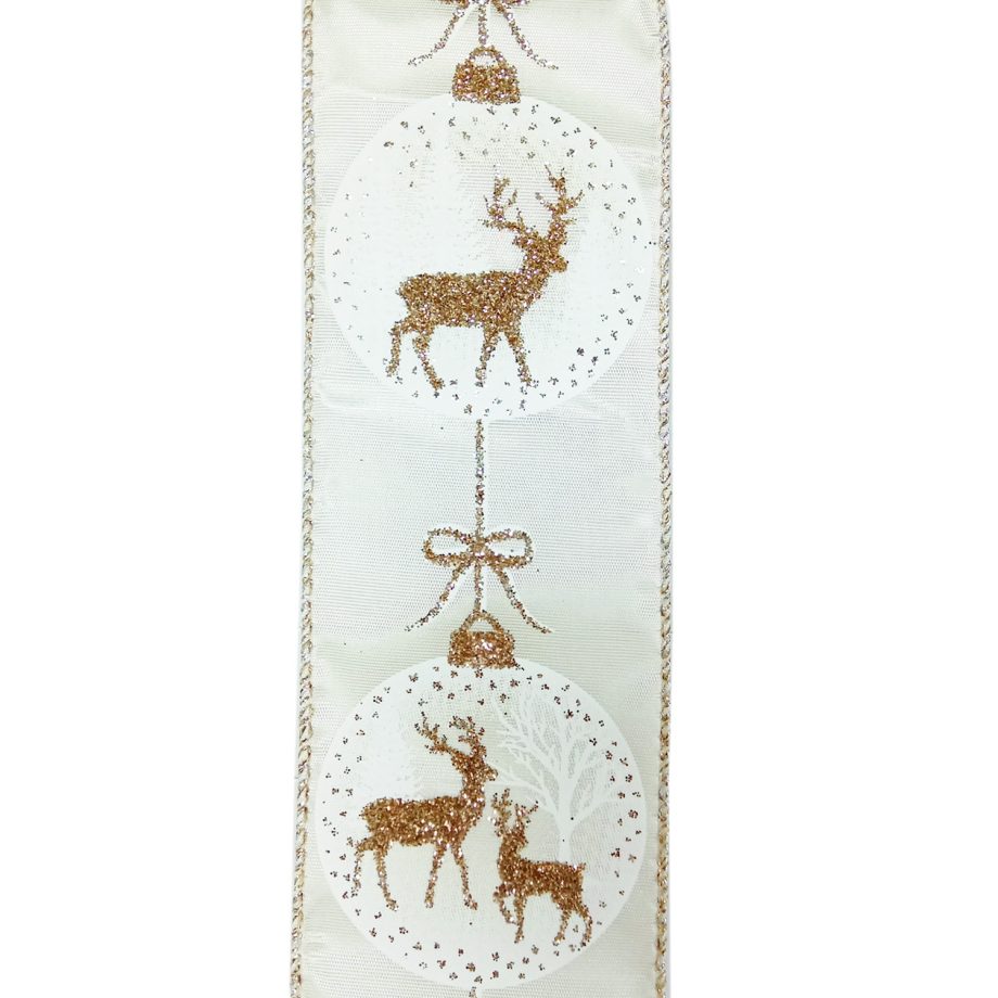 WIRED RIBBON 2.5"X10 YDS IVORY  W/GOLD REINDEER IN BALLS