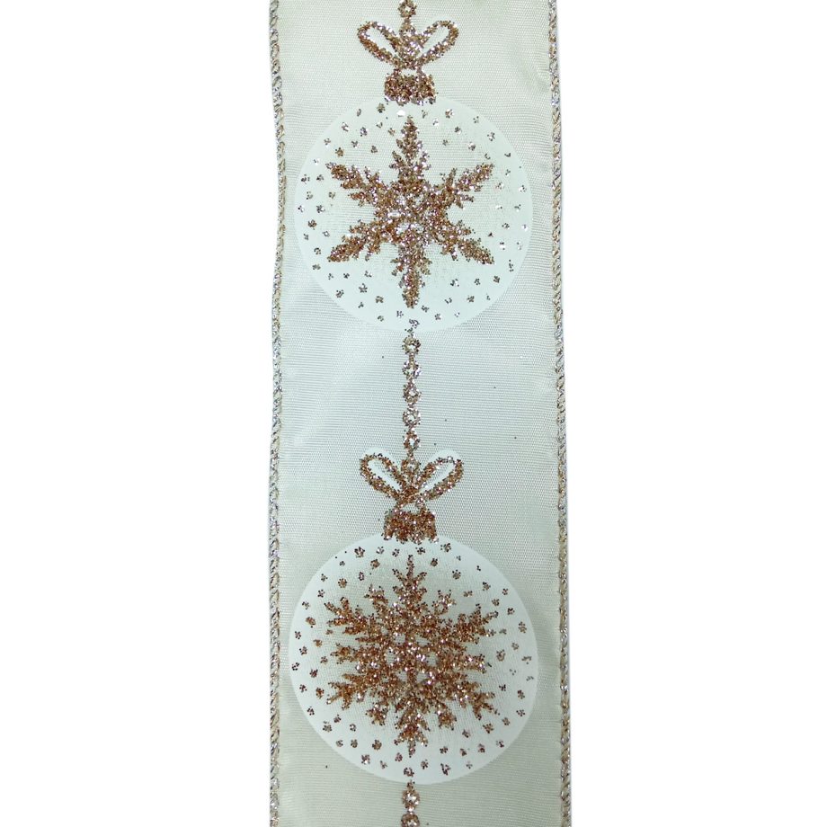 WIRED RIBBON 2.5"X10 YDS IVORY W/ GOLD SNOWFLAKES IN BALL