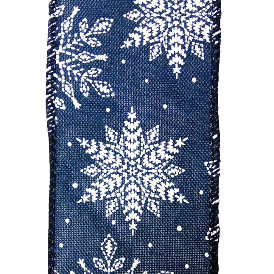 WIRED RIBBON 2.5"X10 YDS BLUE W/ WHITE SNOWFLAKES