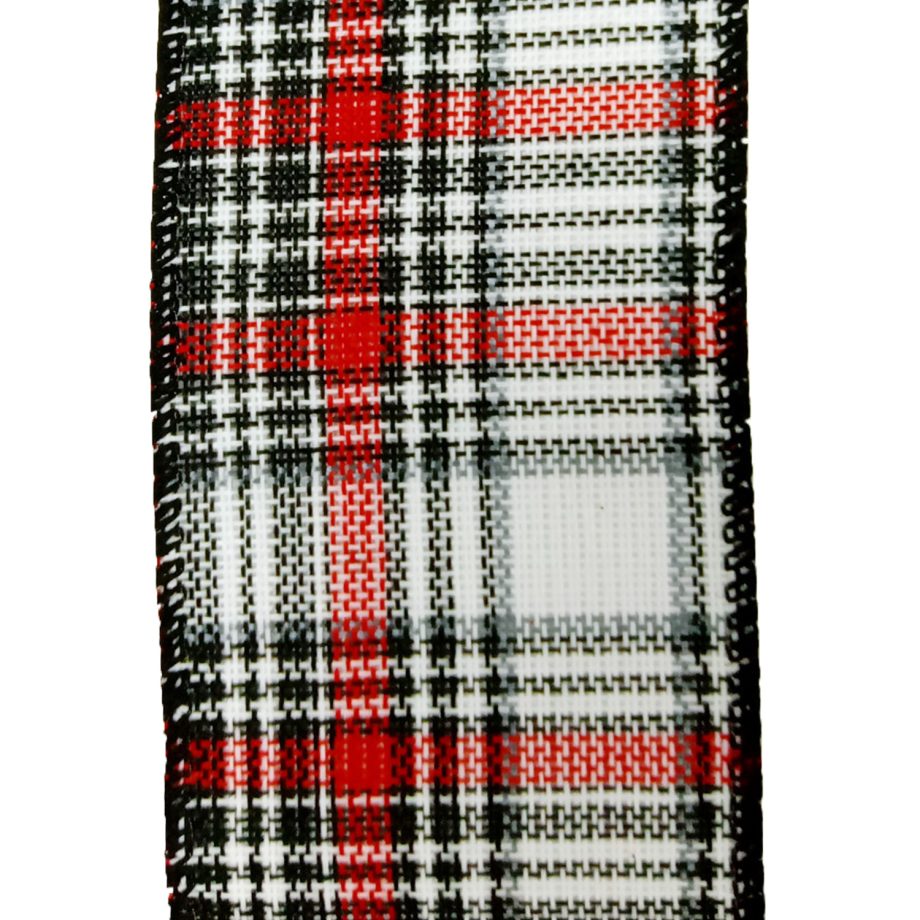 WIRED RIBBON 2.5"X10 YDS BLACK/ WHITE/ RED PLAID