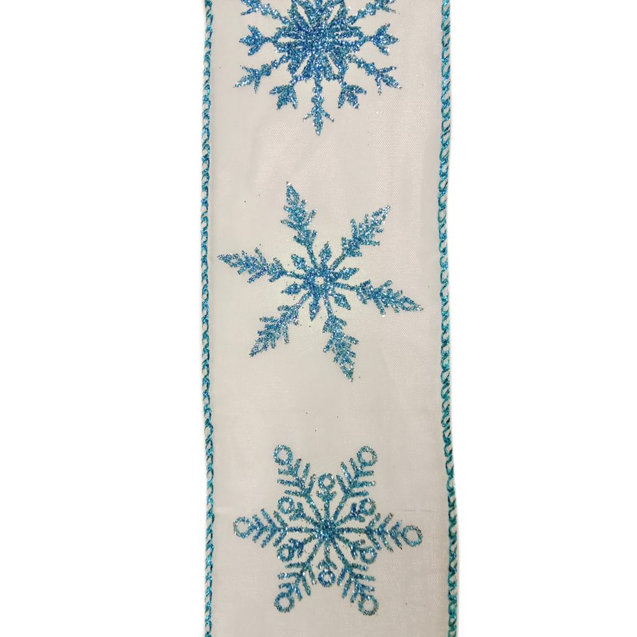 WIRED RIBBON 2.5"X10 YDS WHITE W/ BLUE SNOWFLAKES