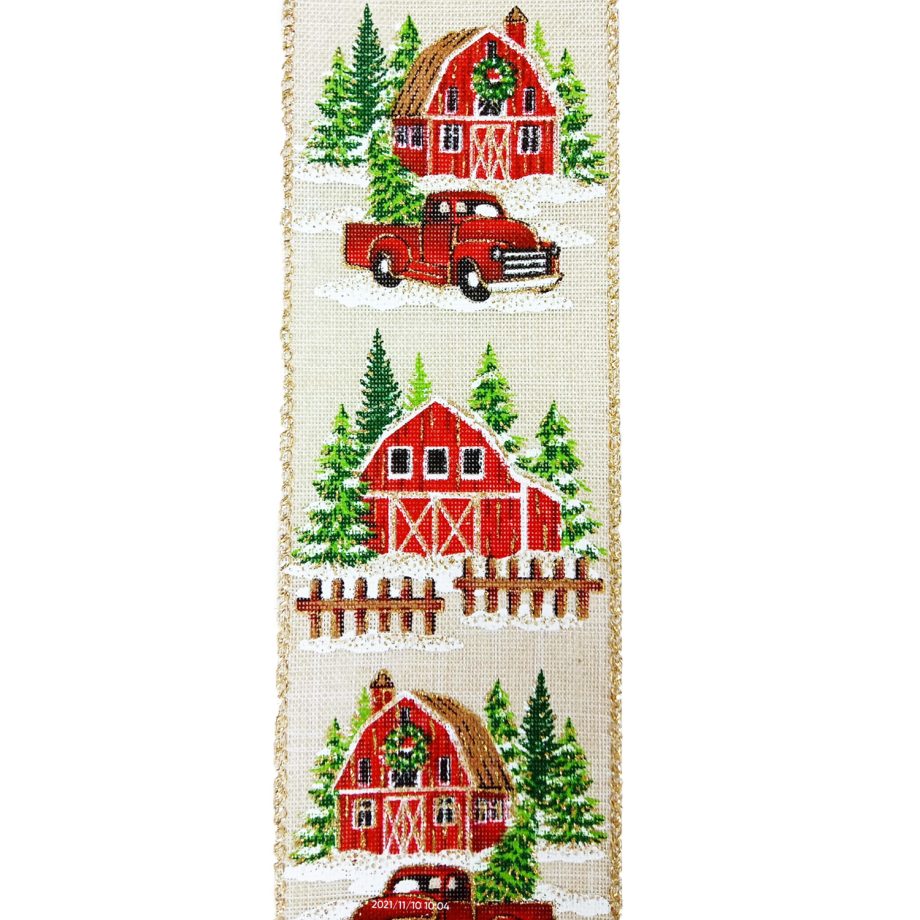 WIRED RIBBON 2.5"X10 YDS NATURAL W/RED BARN & TRUCK