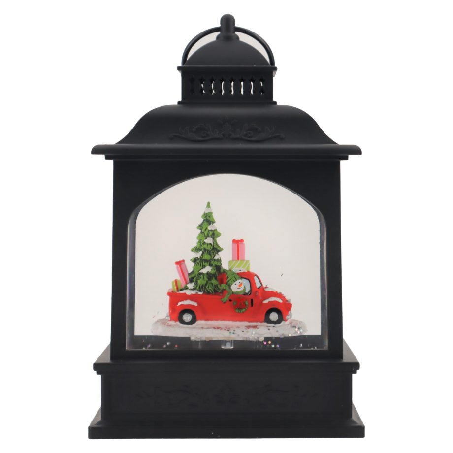 WATER LANTERN BLACK  8" RED TRUCK SCENE W/ SWIRL GLITTER, LED B/O