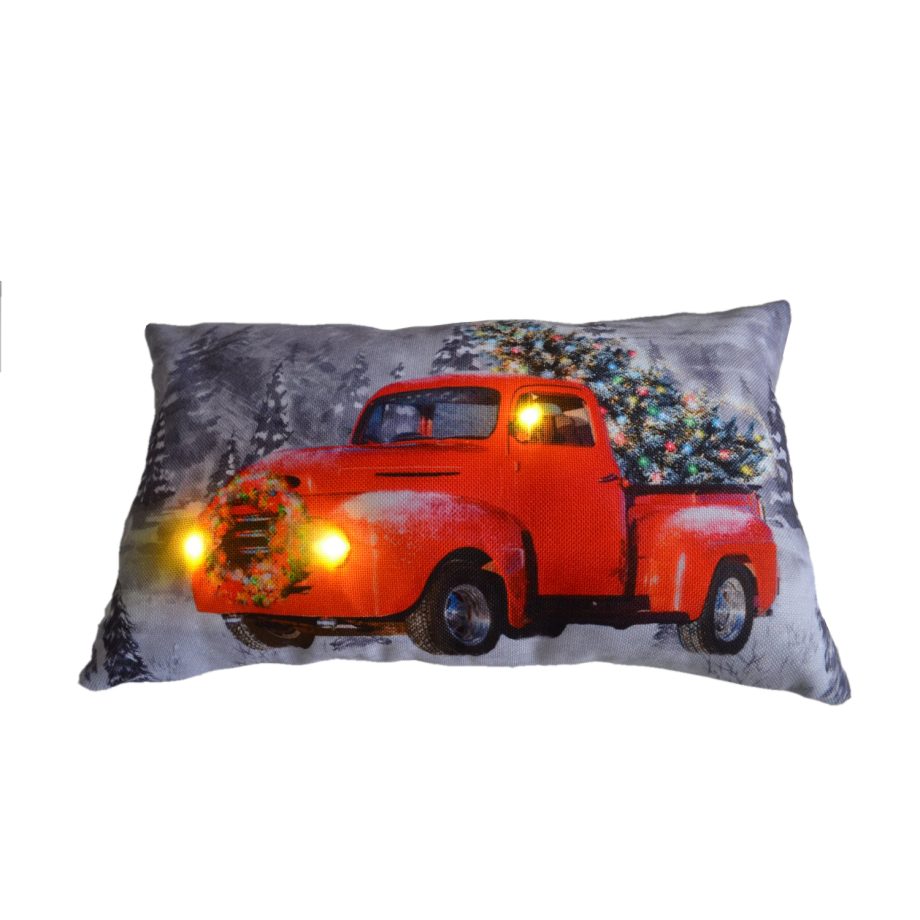CUSHION LIGHTED 20"X12" 3 LED+6/18 TIMER RED TRUCK W/ TREE