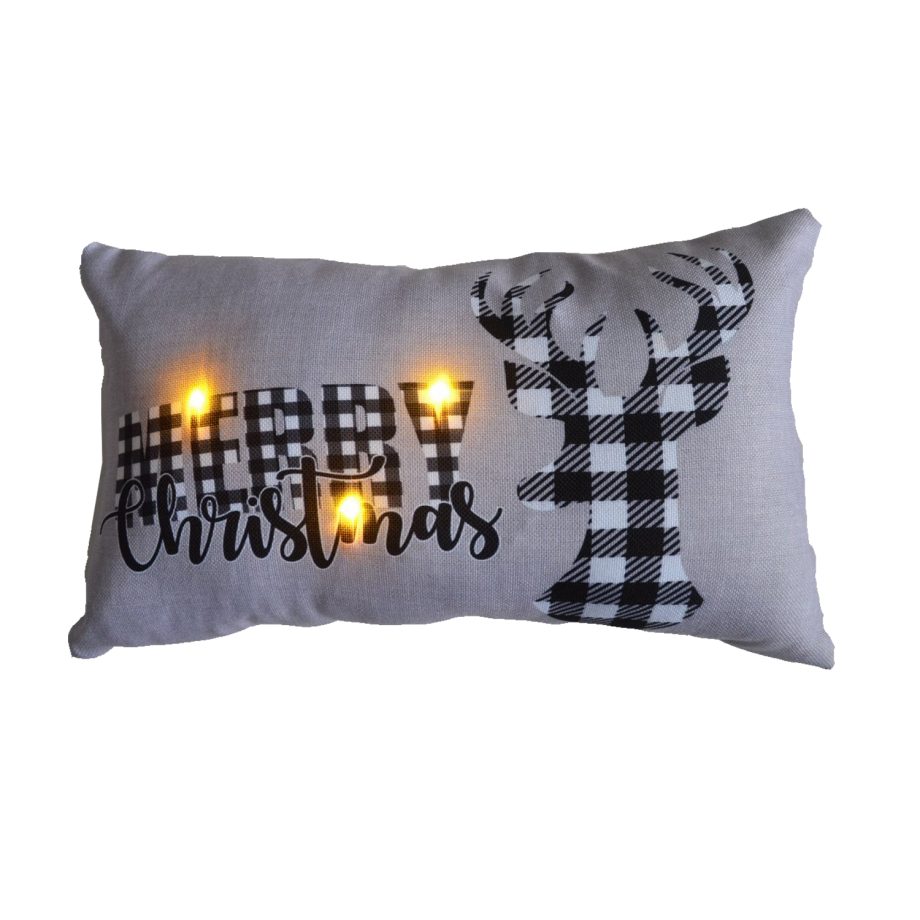 CUSHION LIGHTED 20"X12" 3 LED+6/18 TIMER "MERRY CHRISTMAS" W/ REINDEER WHITE/ BLACK