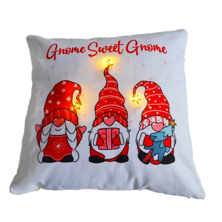 CUSHION LIGHTED 16"X16" 3 LED+6/18 TIMER "GNOME SWEET GNOME" WHITE/ RED