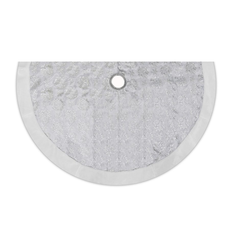 TREE SKIRT 48" WHITE W/GLITTER PRINT ON SHEER ORGANZA W/ FAUX FUR BORDER