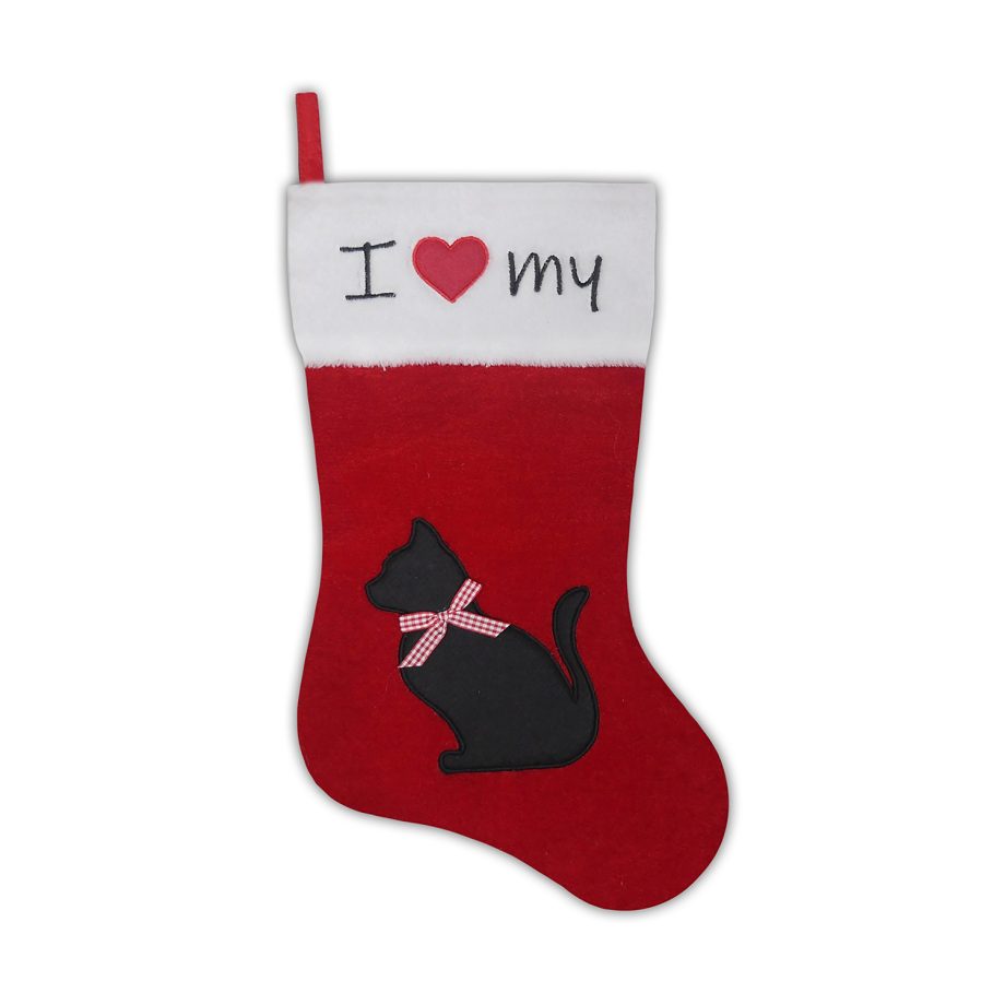 STOCKING 18.5" RED VELVET PET- CAT W/ APPLIQUE & BOW, FAUX FUR CUFF-