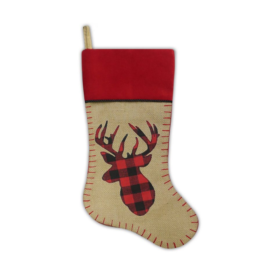 STOCKING 20.5" NAT. BURLAP W/ BLANKET STITCH, VELVET CUFF W/ CORD