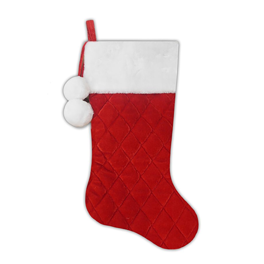 STOCKING 20.5" RED QUILTED VELVET W/ FAUX FUR CUFF & POM POMS