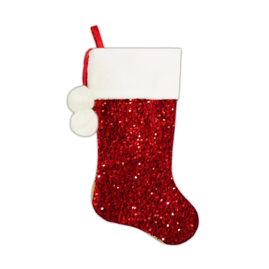 STOCKING 20.5" RED SEQUIN VELVET W/ FAUX FUR CUFF & POMS POMS