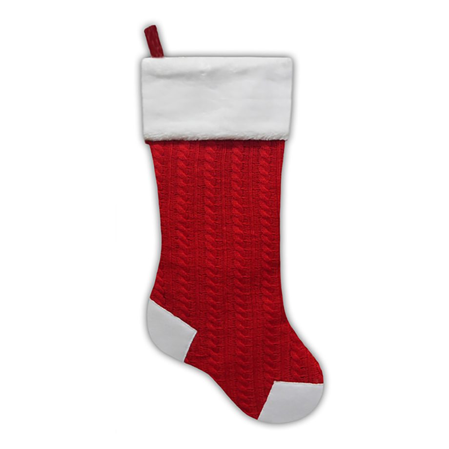 STOCKING 21.5" RED KNITTED & FLEECE W/ FAUX FUR CUFF, HEEL AND TOE DESIGN