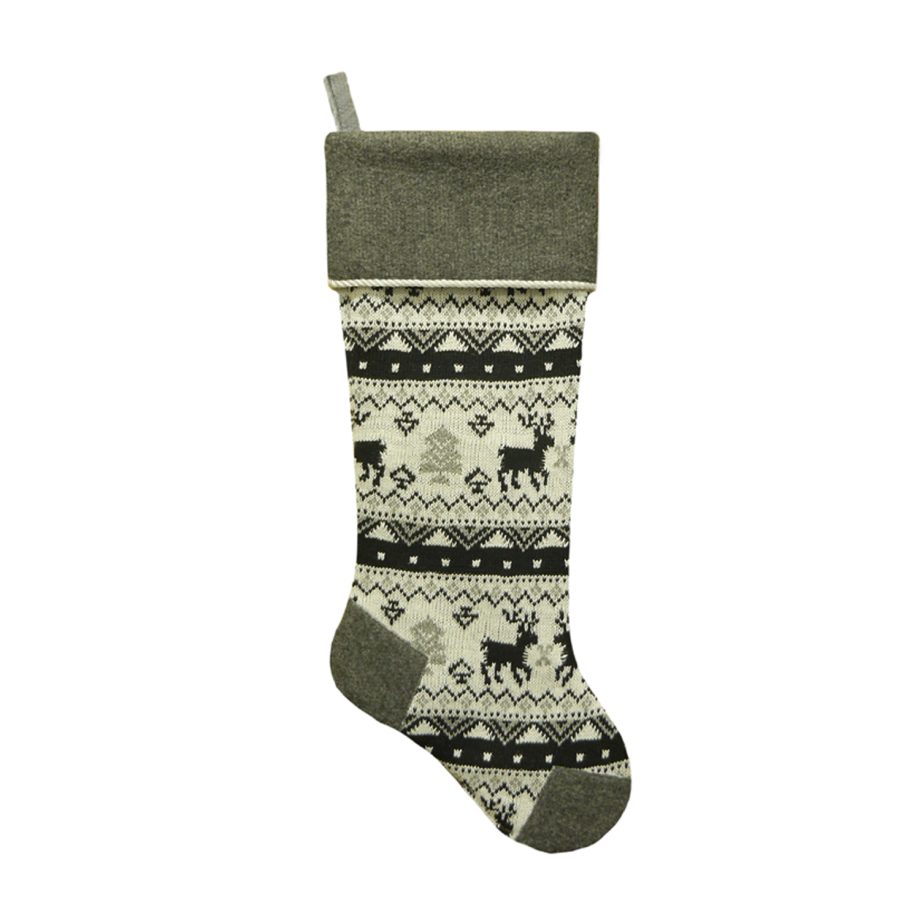 STOCKING 21.5" GRAY KNITTED & FLEECE W/ FLEECE CUFF & CORD, HEEL & TOE DESIGN