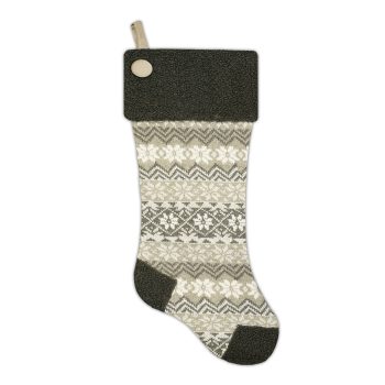 STOCKING 21.5" GRAY KNITTED & SHERPA, SHERPA CUFF W/ BUTTON, HEEL & TOE DESIGN