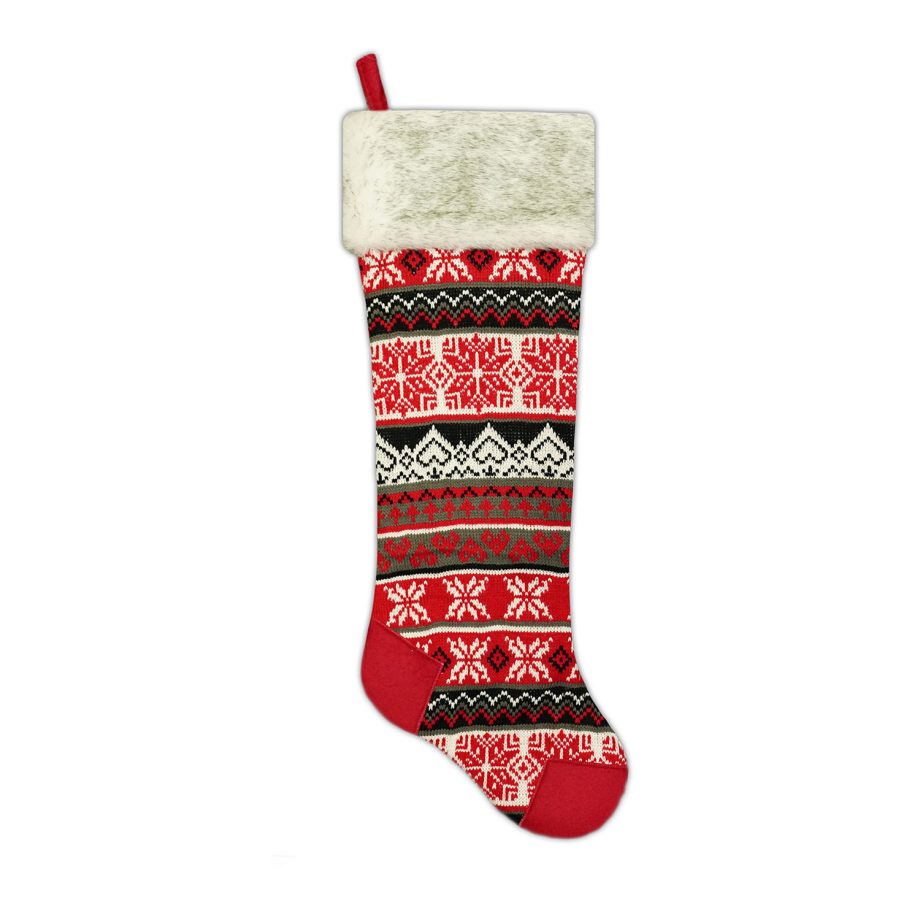 STOCKING 25" RED/ WHITE/ BLACK KNITTED & FLEECE W/ FAUX FUR CUFF, HEEL & TOE DESIGN